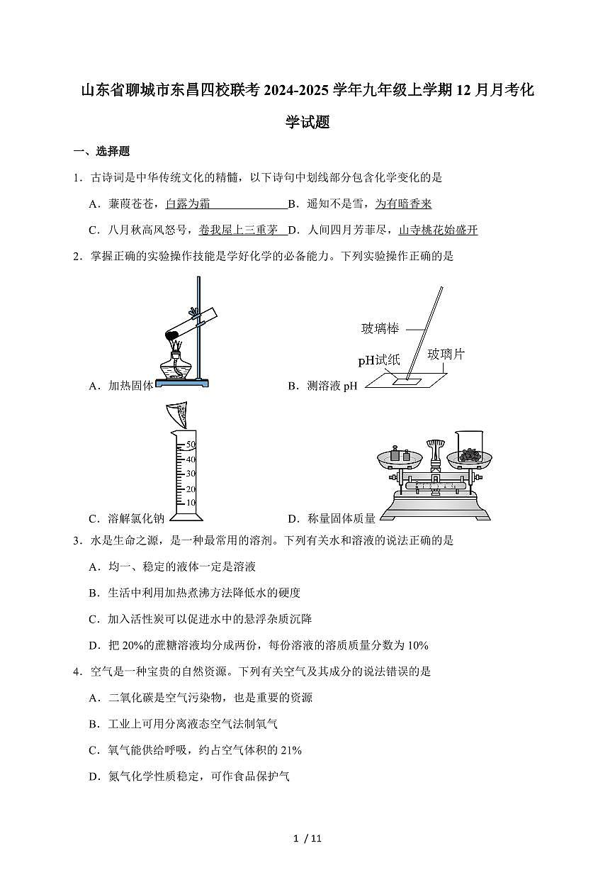 山东省聊城市东昌四校联考2025届九年级上学期12月月考化学试卷（含答案）第1页