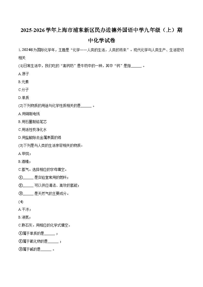 2025-2026学年上海市浦东新区民办进德外国语中学九年级（上）期中化学试卷（含答案）第1页