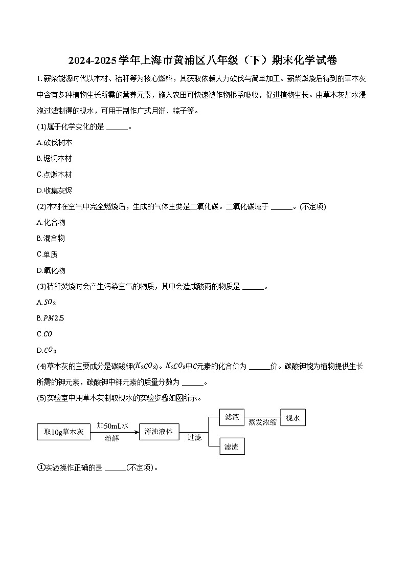 2024-2025学年上海市黄浦区八年级（下）期末化学试卷（含答案）第1页