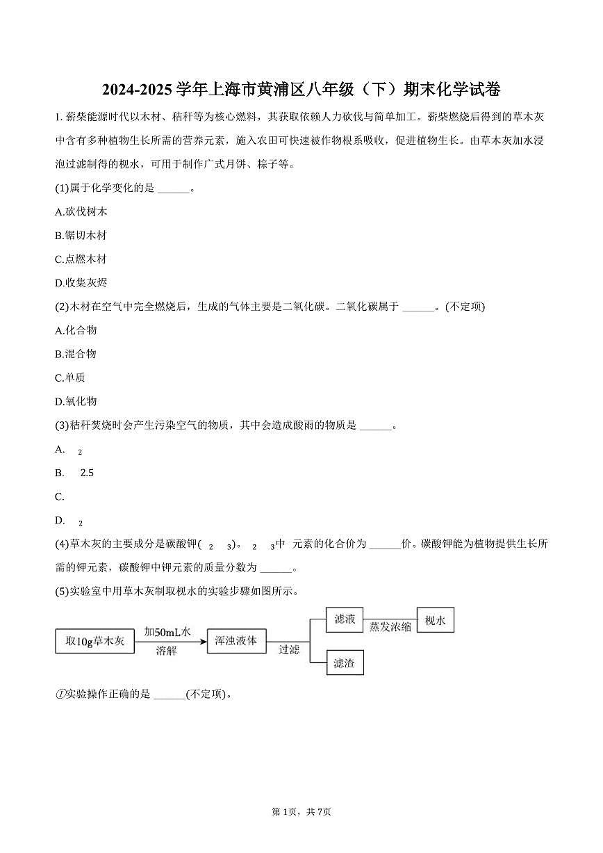 2024-2025学年上海市黄浦区八年级（下）期末化学试卷（含答案）第1页