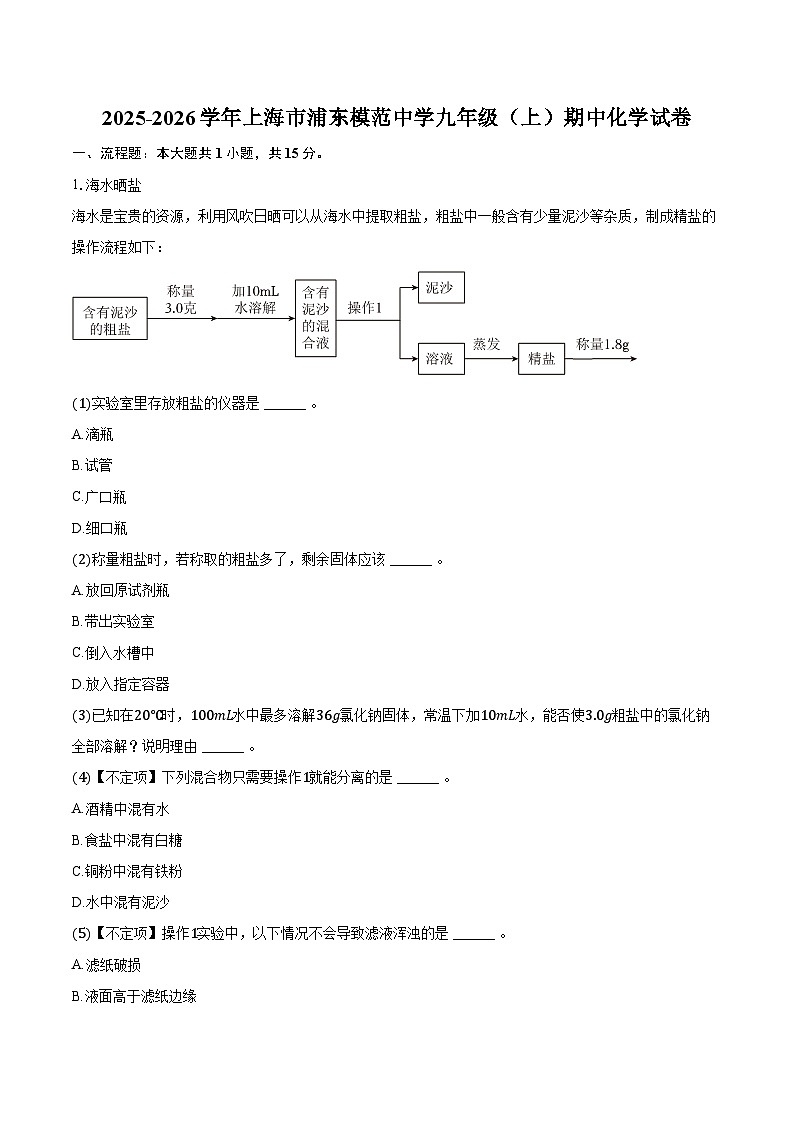 2025-2026学年上海市浦东模范中学九年级（上）期中化学试卷（含答案）第1页