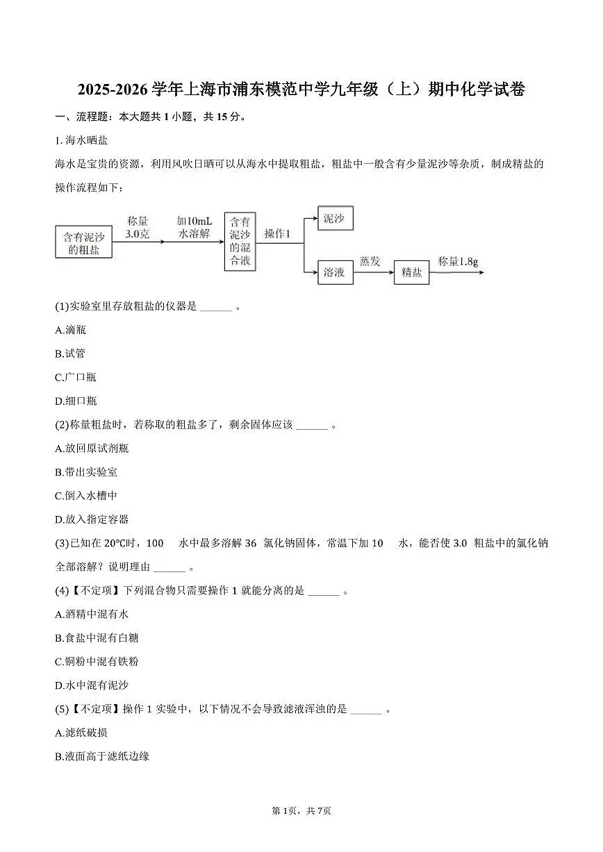 2025-2026学年上海市浦东模范中学九年级（上）期中化学试卷（含答案）第1页