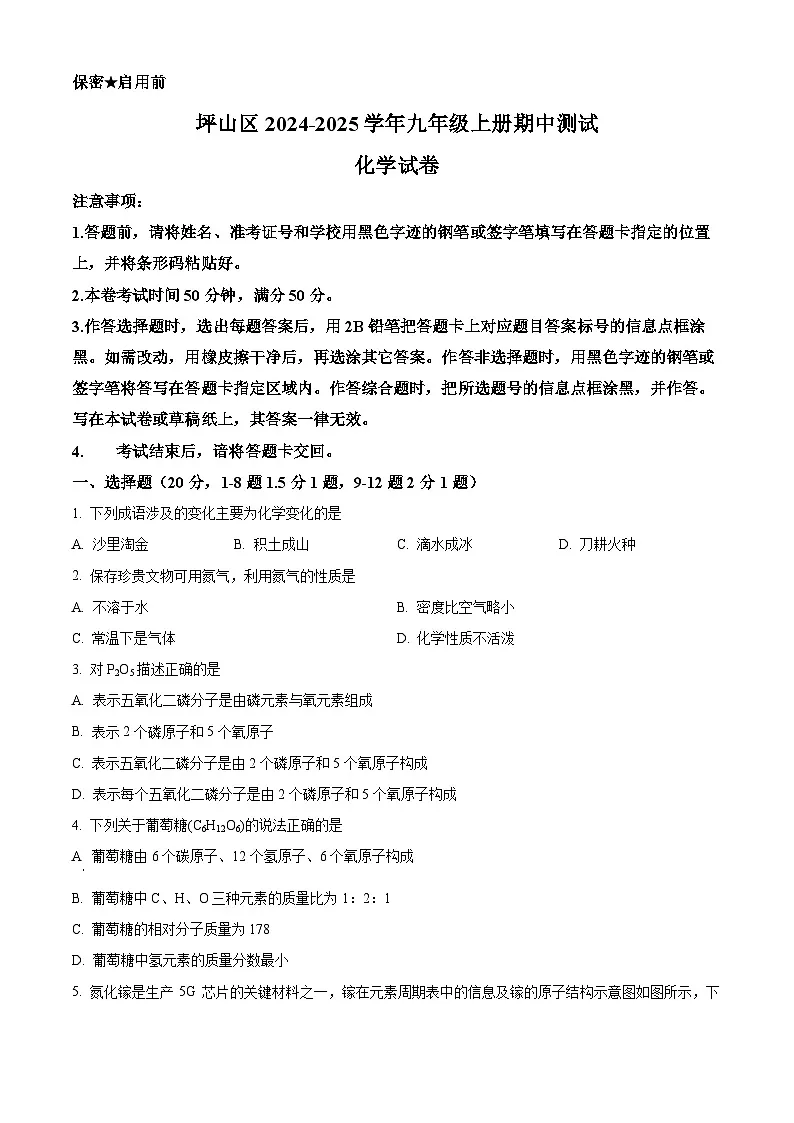 精品解析：广东省深圳市坪山区2024-2025学年九年级上学期11月期中考试化学试题（原卷版）第1页