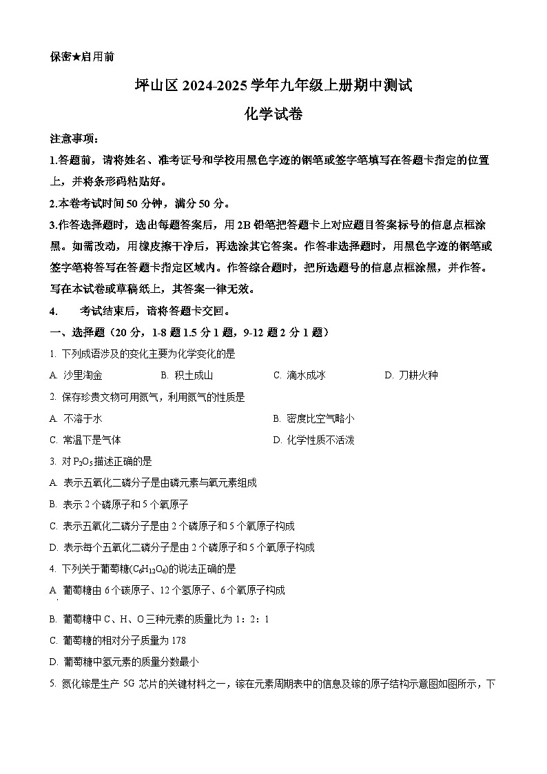 精品解析：广东省深圳市坪山区2024-2025学年九年级上学期11月期中考试化学试题（原卷版）第1页