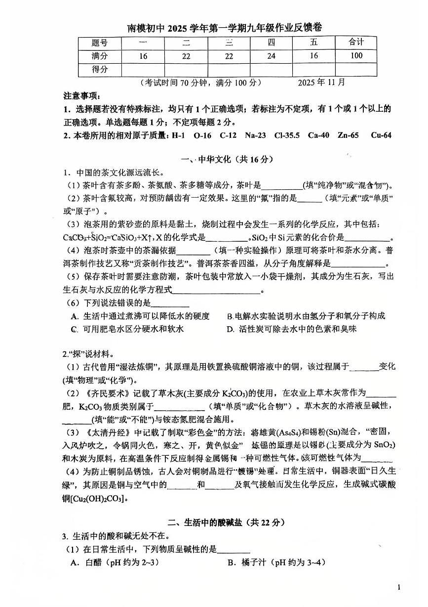 上海市民办南模中学2025-2026学年九年级上学期11月期中考试化学试卷第1页