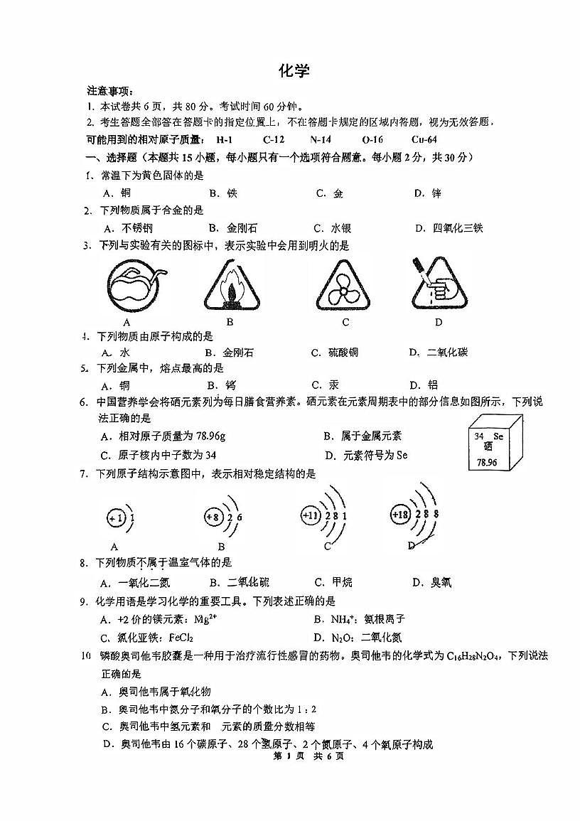 江苏省南京师范大学附属中学树人学校2024-2025学年九年级上学期12月月考化学试卷第1页