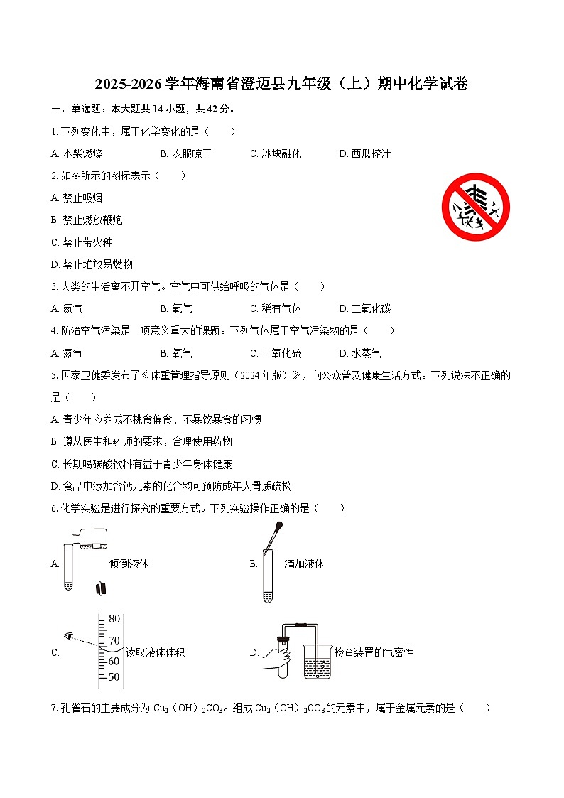 2025-2026学年海南省澄迈县九年级（上）期中化学试卷-自定义类型第1页