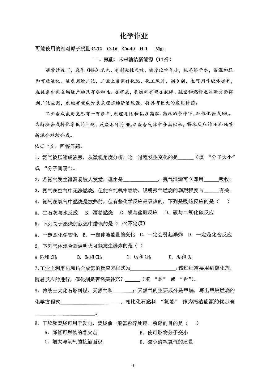 上海市梅陇中学2025-2026学年九年级上学期12月测试化学试卷（月考）第1页