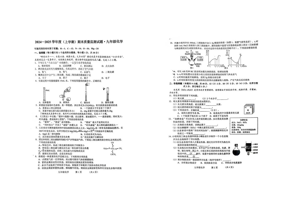 吉林省长春市德惠市第二十九中学2024-2025学年九年级上学期化学期末试卷第1页