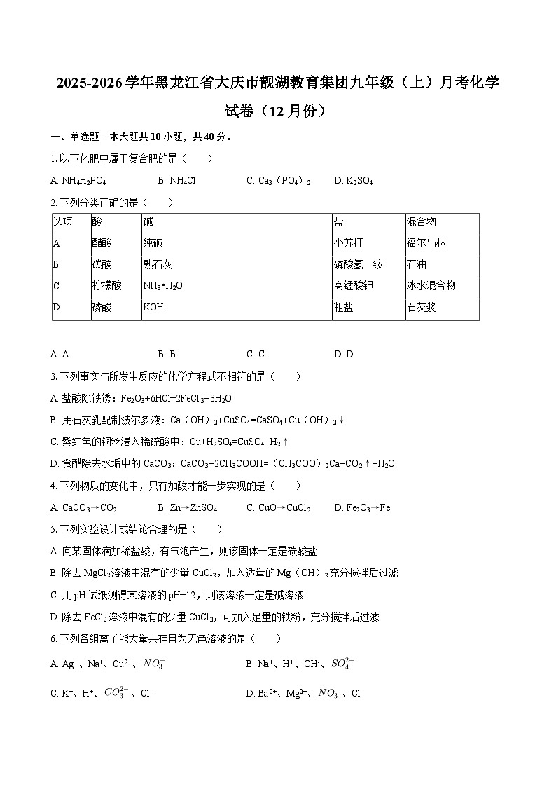2025-2026学年黑龙江省大庆市靓湖教育集团九年级（上）月考化学试卷（12月份）-自定义类型第1页