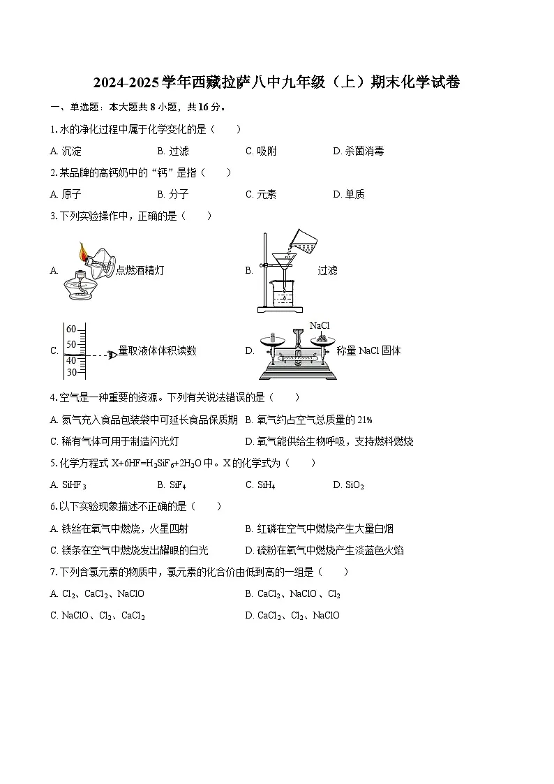 2024-2025学年西藏拉萨八中九年级（上）期末化学试卷-自定义类型第1页