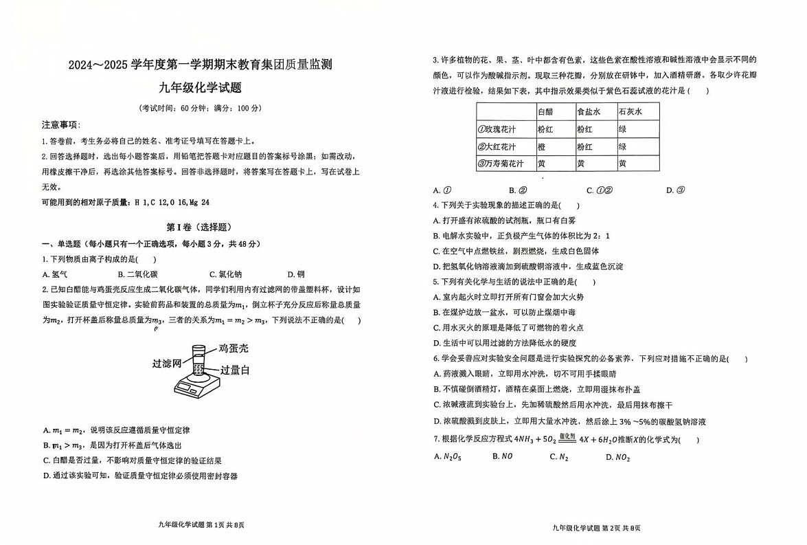 山东省滨州市博兴县2024-2025学年九年级上学期1月期末化学试题第1页