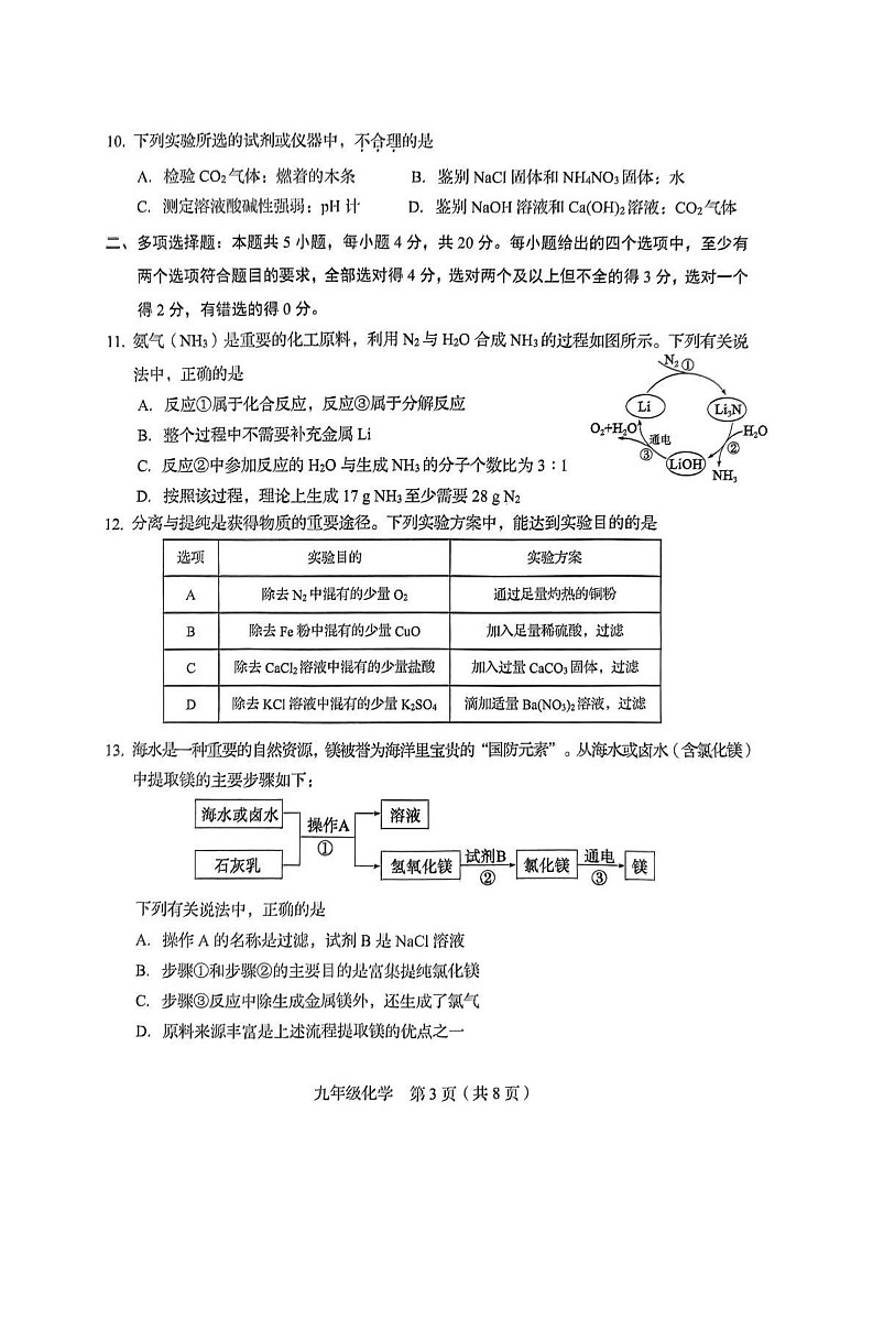 山东省济南市槐荫区2024-2025学年九年级上学期期末考试化学试题第3页