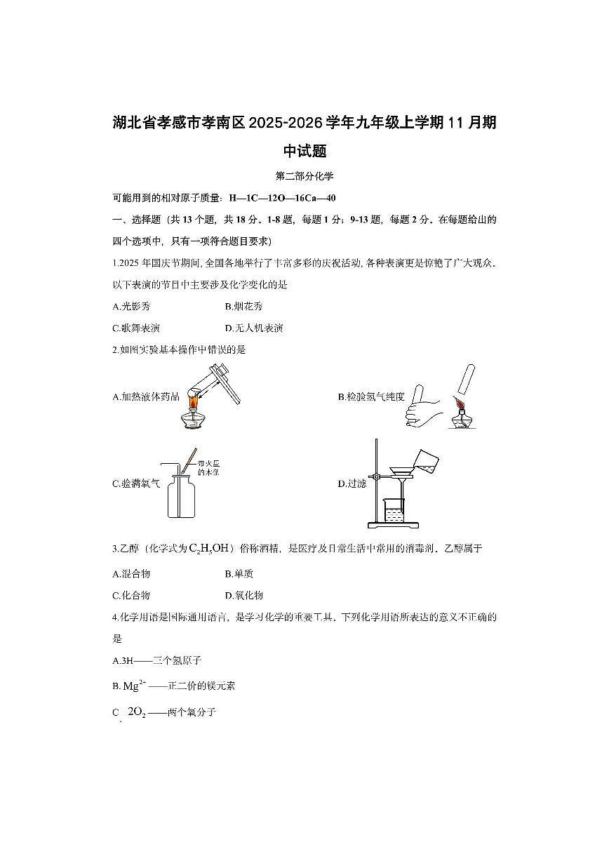 湖北省孝感市孝南区2025-2026学年九年级上学期11月期中化学试卷（学生版）第1页