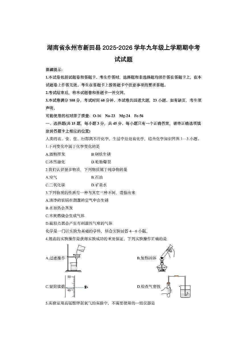 湖南省永州市新田县2025-2026学年九年级上学期期中考试化学试卷（学生版）第1页