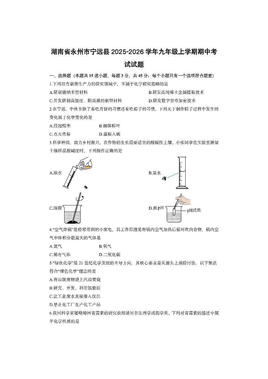 湖南省永州市宁远县2025-2026学年九年级上学期期中考试化学试卷（学生版）第1页