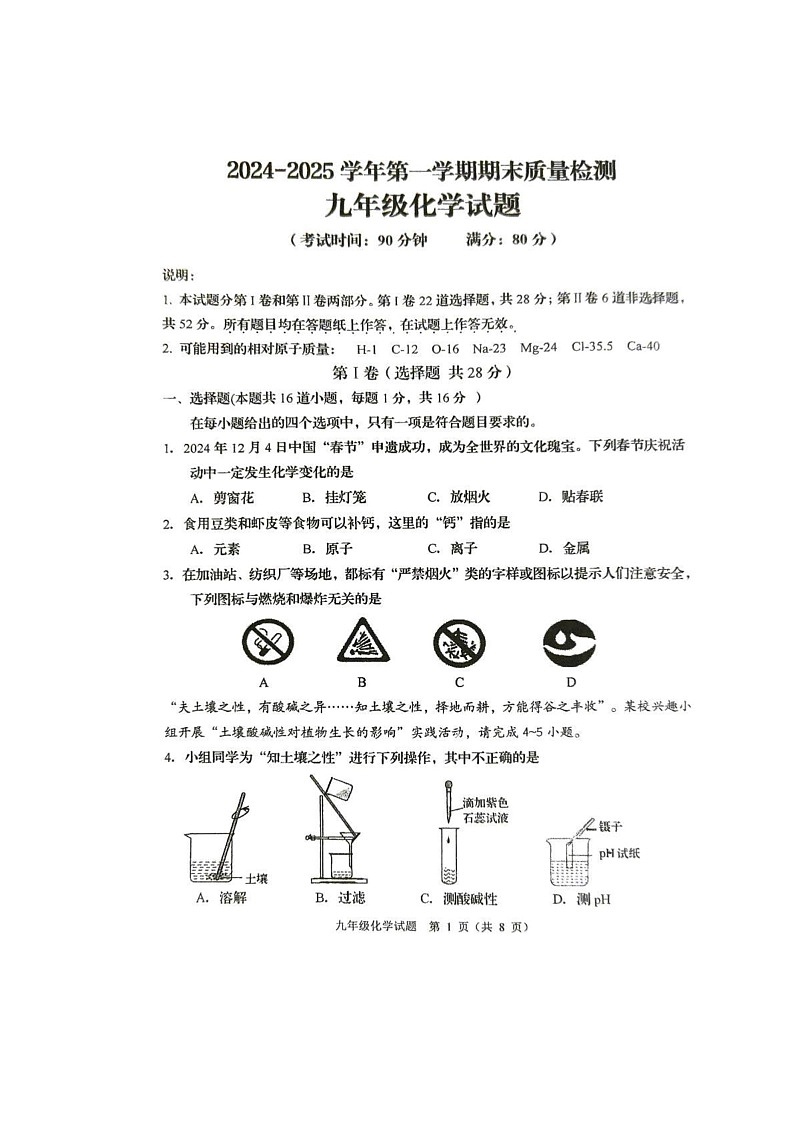山东省青岛市城阳区2024-2025学年九年级上学期期末考试化学试卷第1页