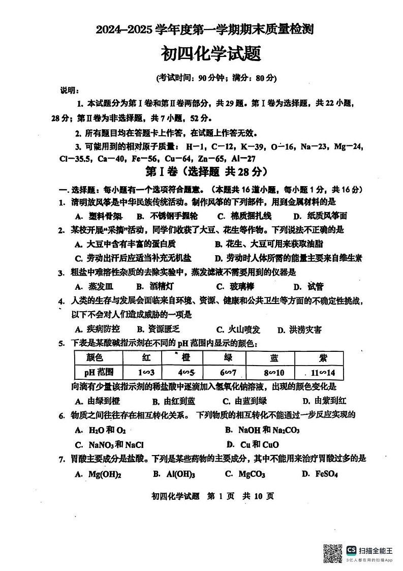 山东省青岛市莱西市2024-2025学年九年级上学期期末考试化学试卷第1页