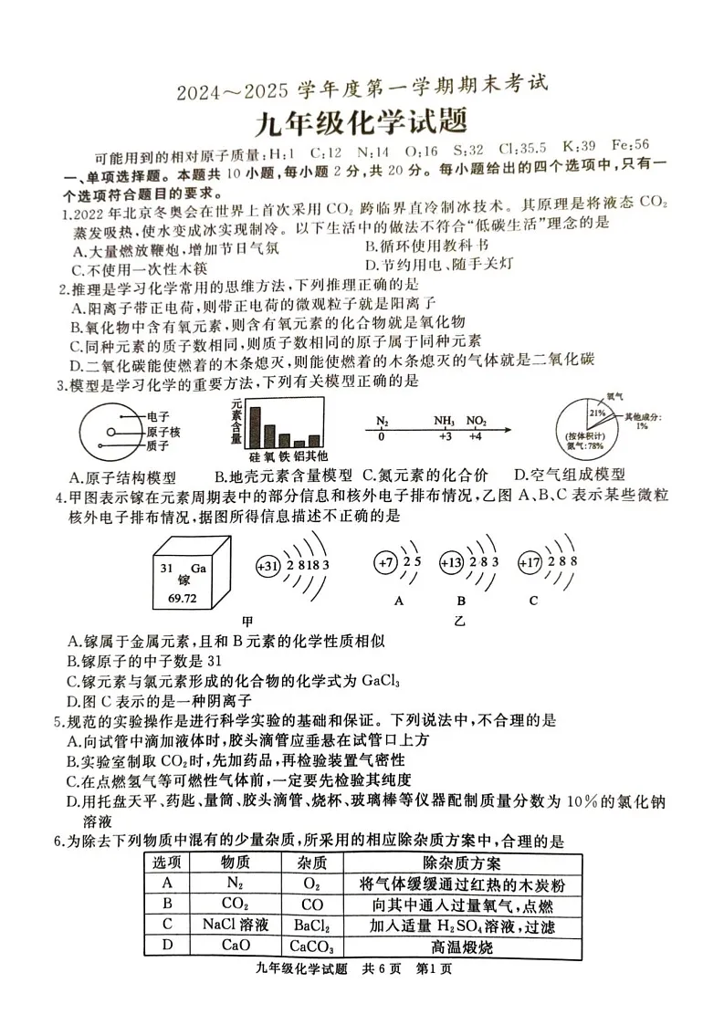 山东省滕州市2024--2025学年九年级上学期期末考试化学试题第1页