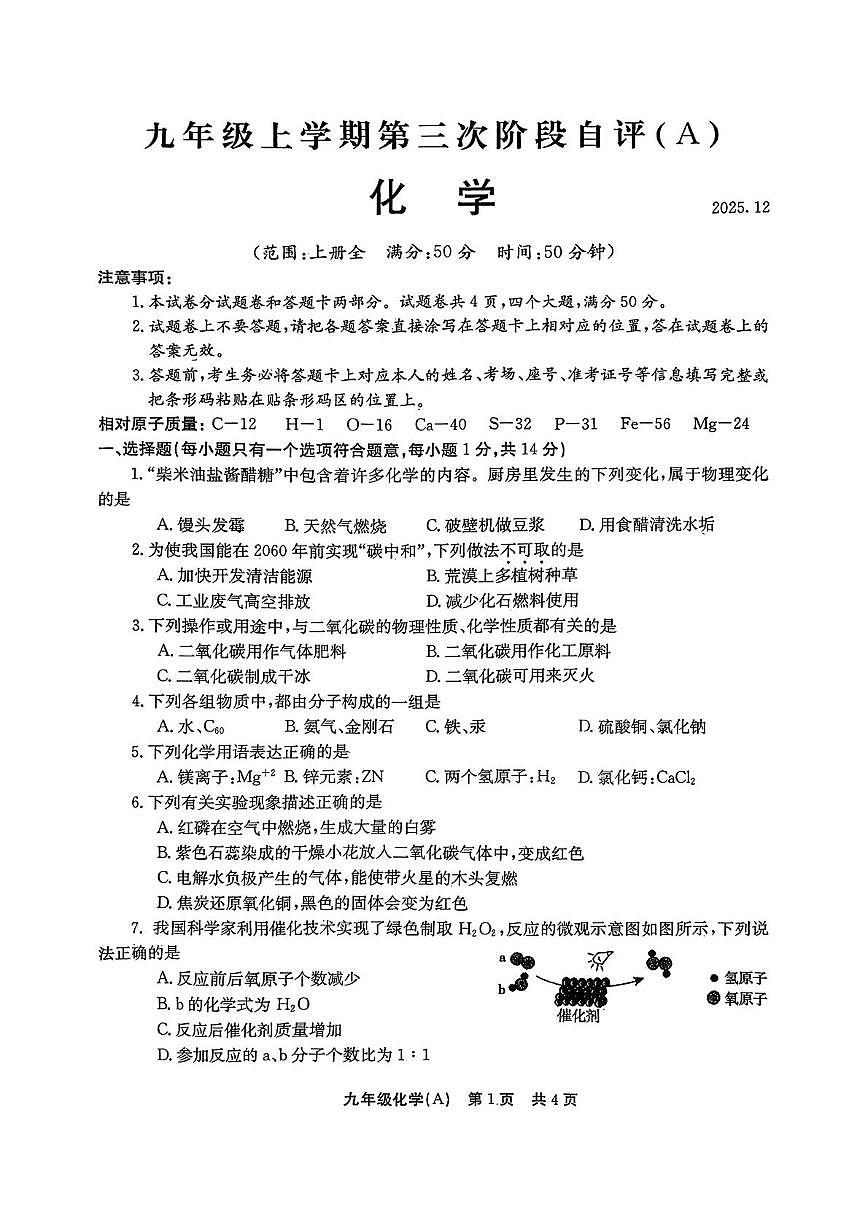 河南安阳市林州市2025-2026学年九年级上学期第三月考化学试卷第1页