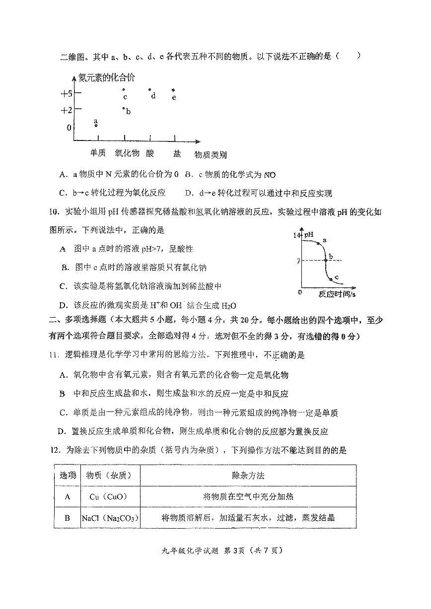 2025年济南市槐荫区十二中初三化学上学期12月份月考试题（无答案）第3页