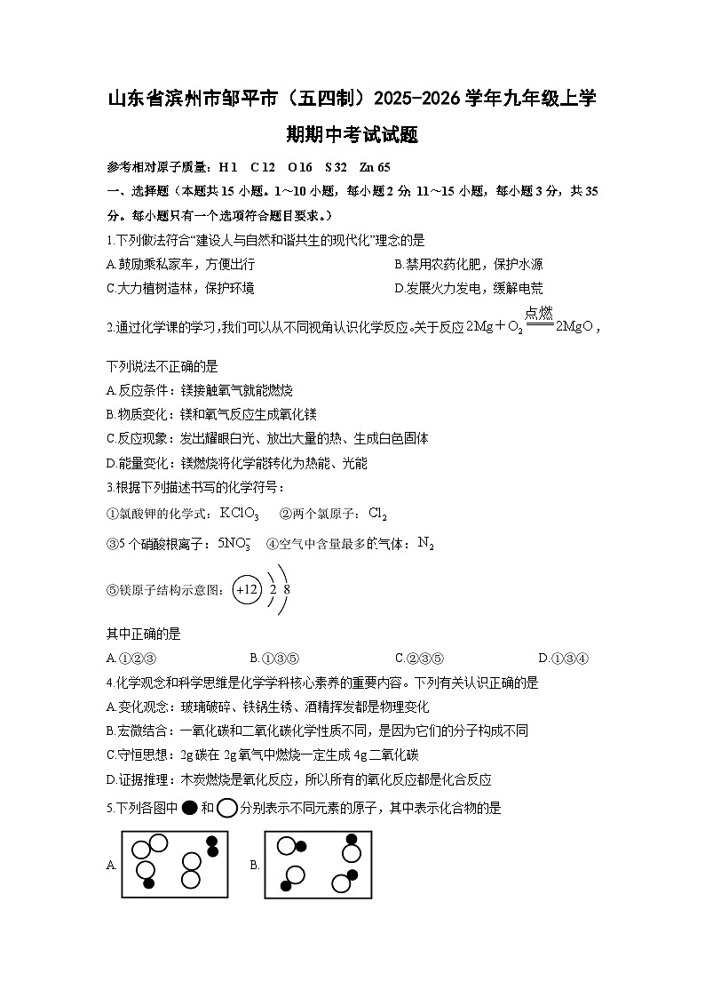 山东省滨州市邹平市（五四制）2025-2026学年九年级上学期期中考试化学试卷（学生版）第1页