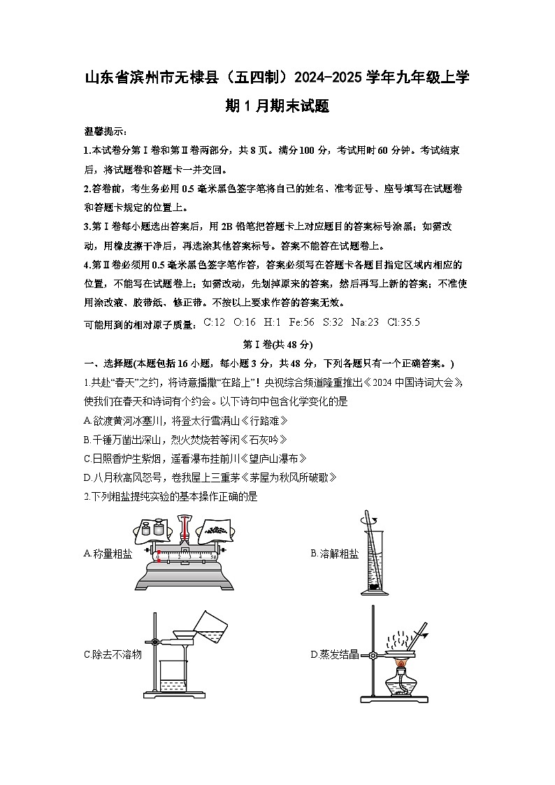 山东省滨州市无棣县（五四制）2024-2025学年九年级上学期1月期末化学试卷（学生版）第1页