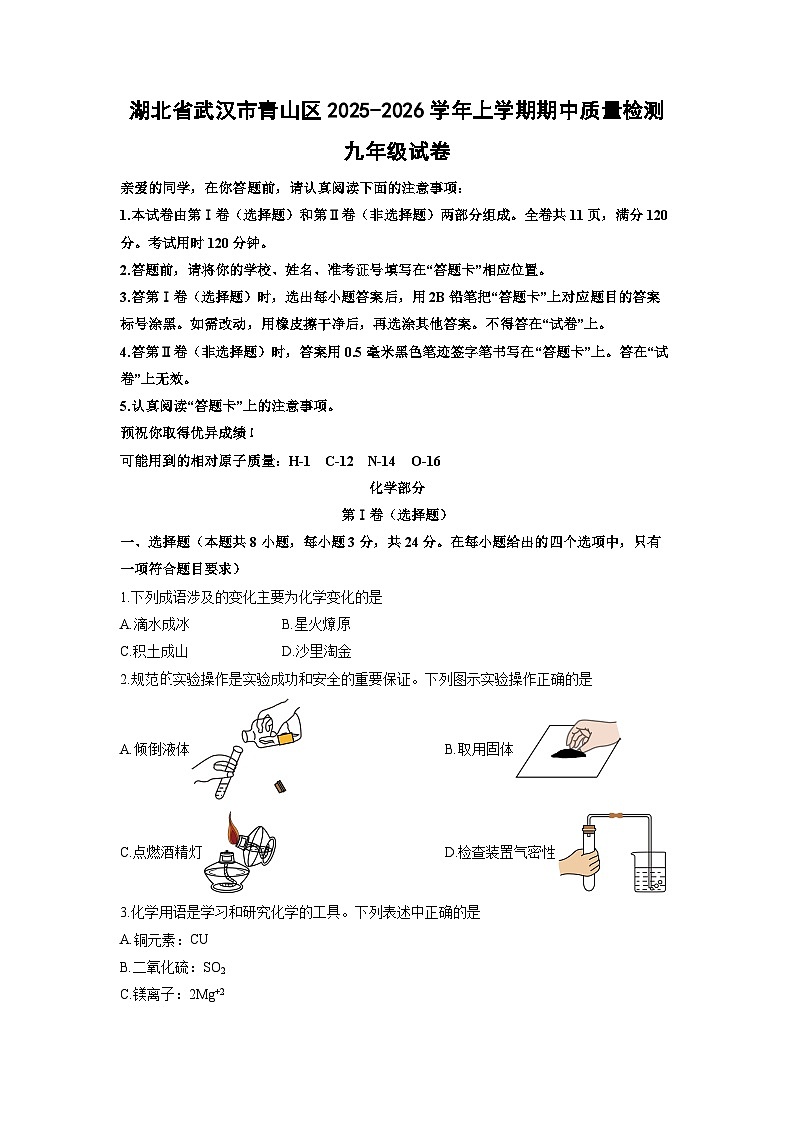 湖北省武汉市青山区2025-2026学年上学期期中质量检测九年级化学试卷（学生版）第1页