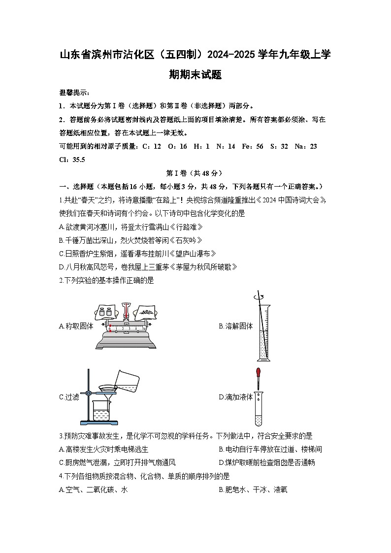 山东省滨州市沾化区（五四制）2024-2025学年九年级上学期期末化学试卷（学生版）第1页