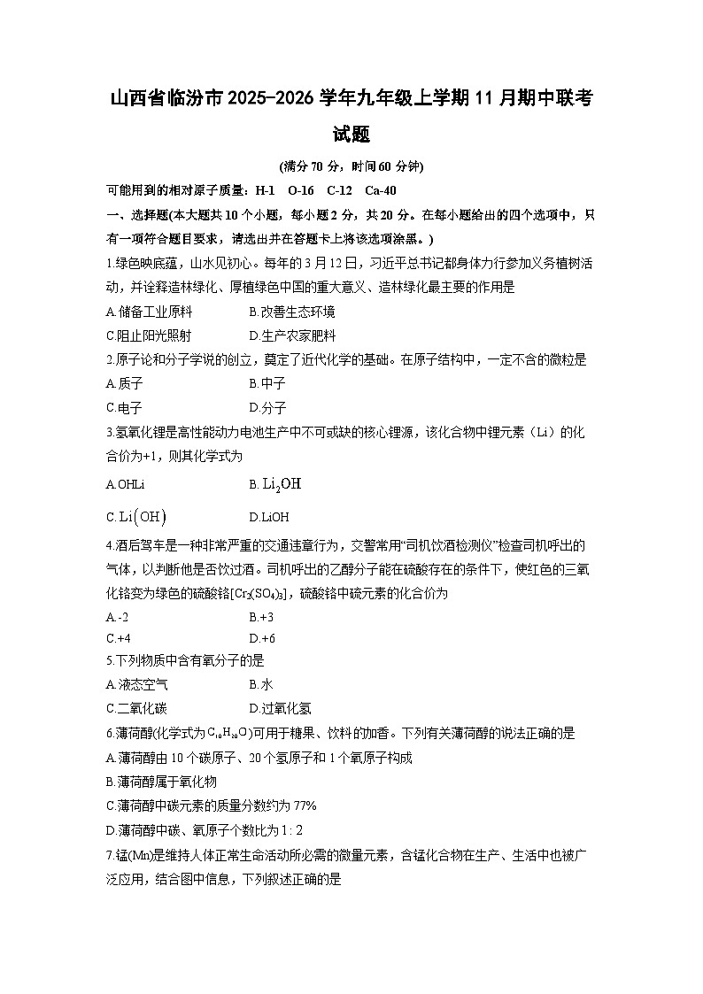 山西省临汾市2025-2026学年九年级上学期11月期中联考化学试卷（学生版）第1页
