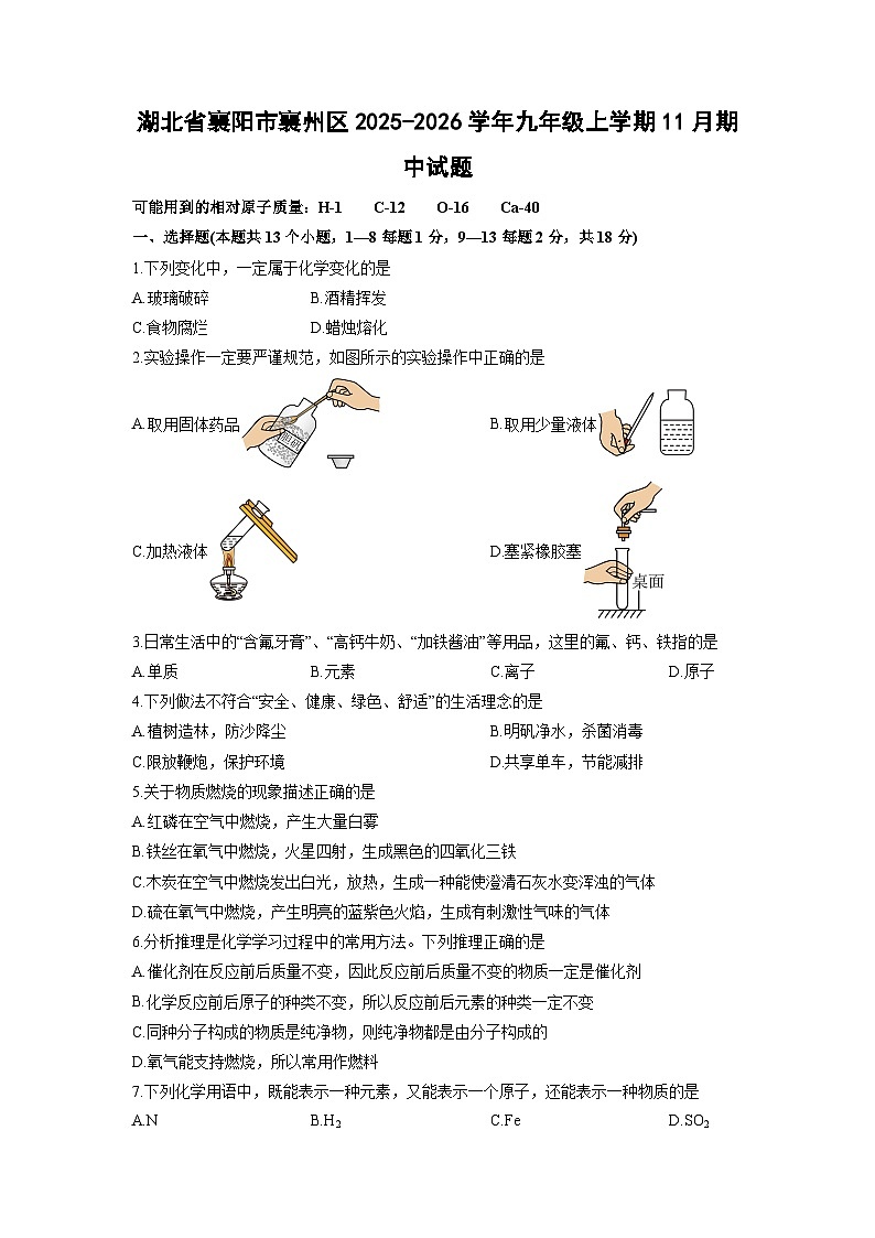 湖北省襄阳市襄州区2025-2026学年九年级上学期11月期中化学试卷（学生版）第1页