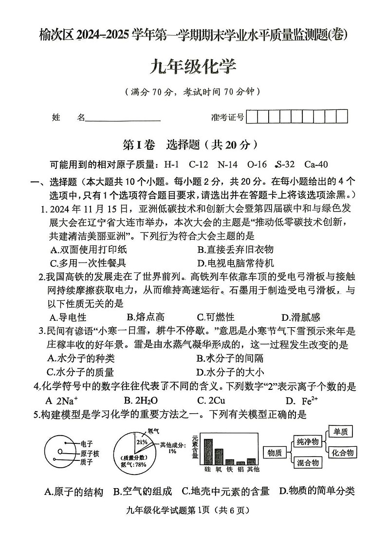山西省晋中市榆次区2024-2025学年九年级上学期期末考试化学试卷第1页