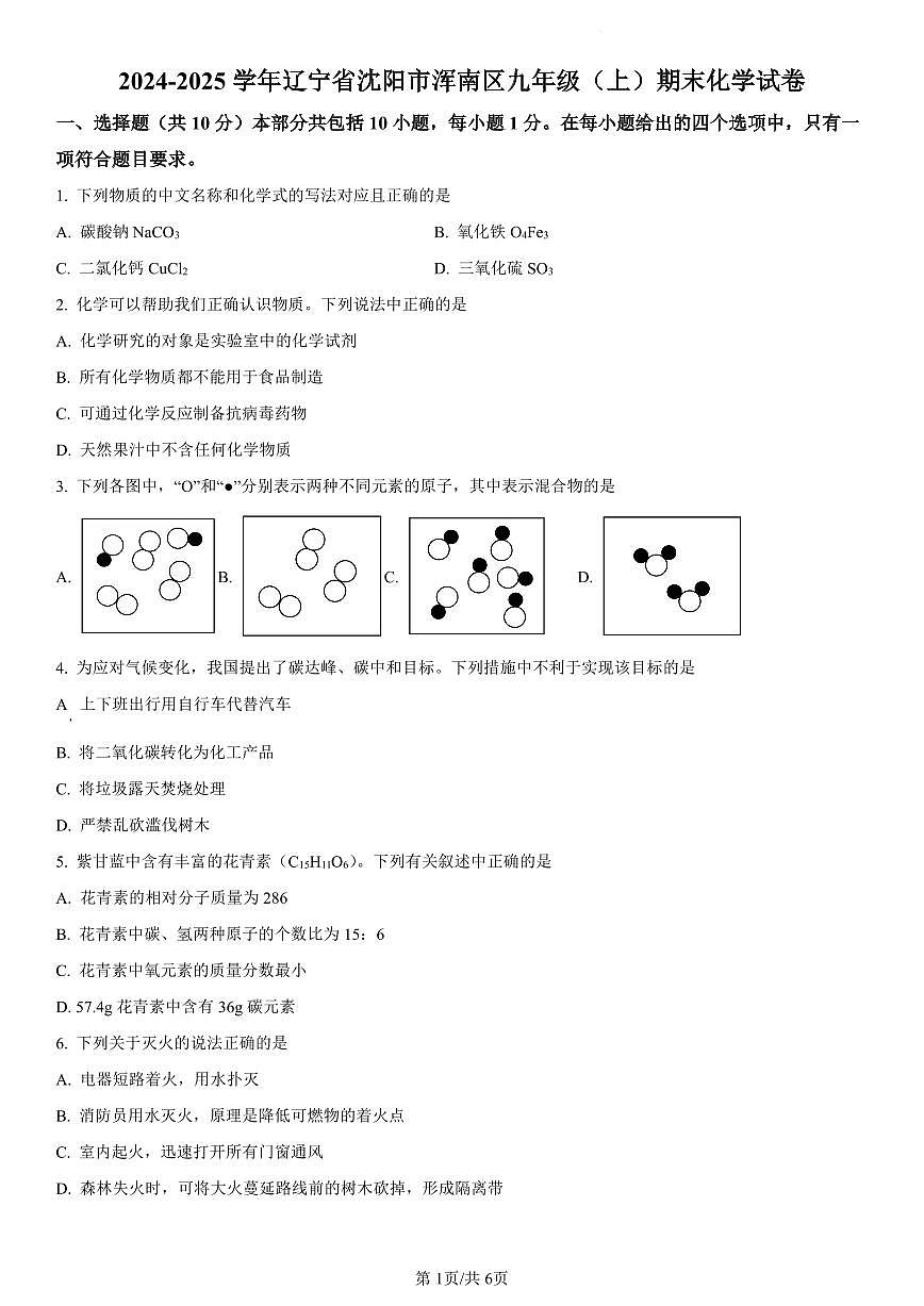 2024-2025学年辽宁省沈阳市浑南区九年级上学期期末考试化学试题第1页