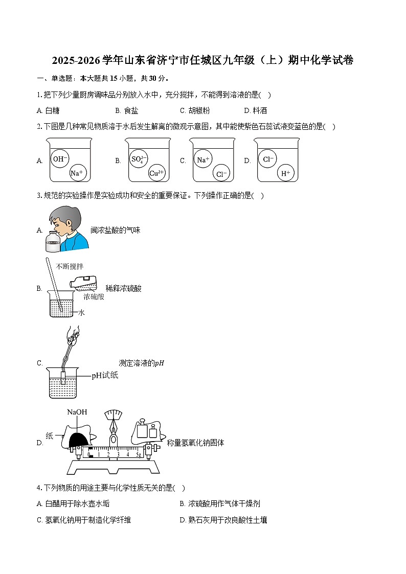 2025-2026学年山东省济宁市任城区九年级（上）期中化学试卷（含答案）第1页