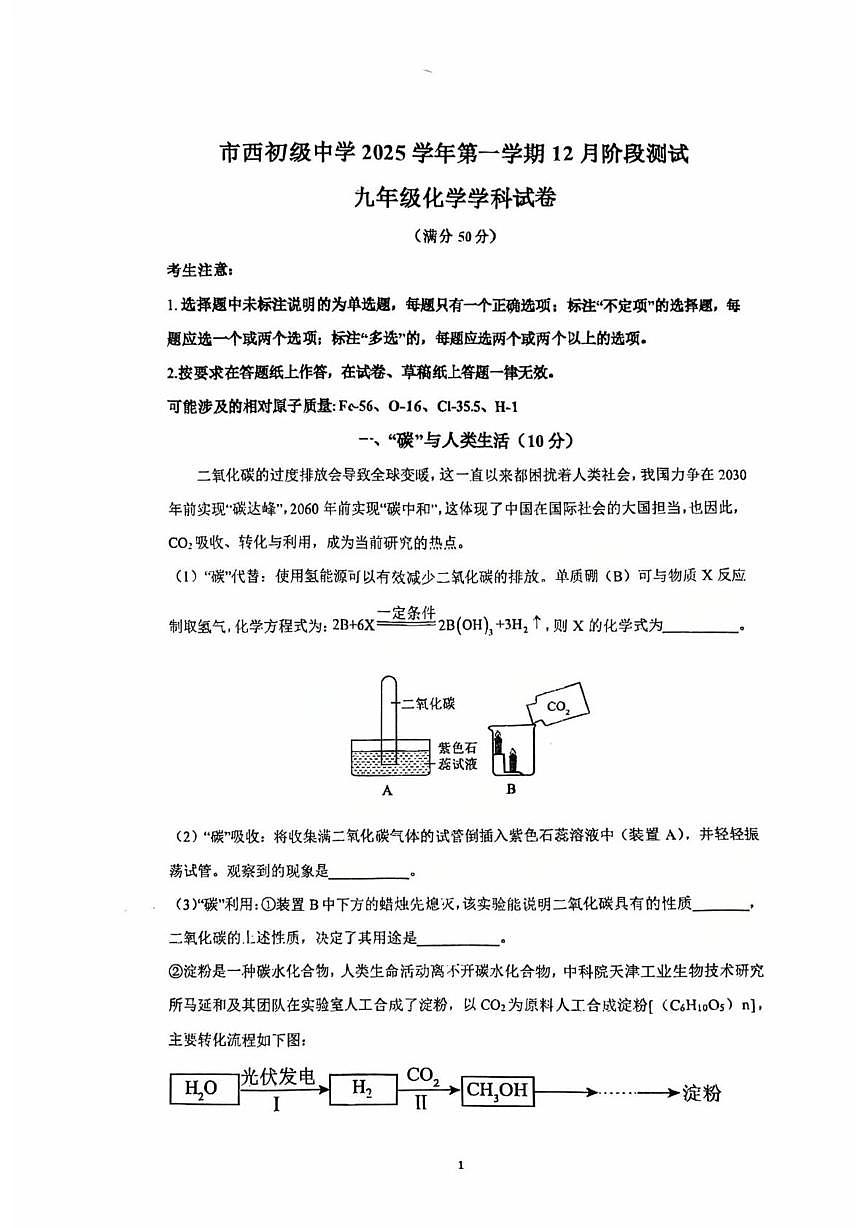 上海市市西初级中学2025-2026学年九年级上学期12月阶段练习化学试卷第1页