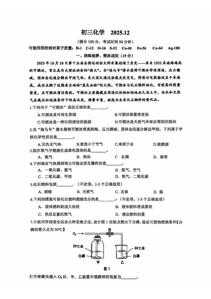 上海市民办兰生中学2025-2026学年九年级上学期12月月考化学试卷第1页