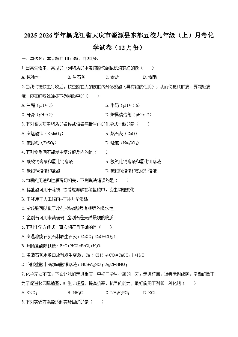 2025-2026学年黑龙江省大庆市肇源县东部五校九年级（上）月考化学试卷（12月份）-自定义类型第1页