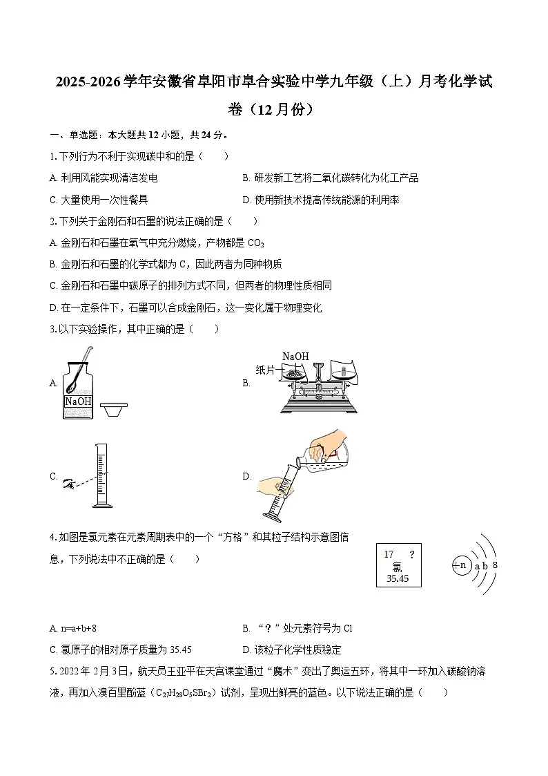 2025-2026学年安徽省阜阳市阜合实验中学九年级（上）月考化学试卷（12月份）-自定义类型第1页