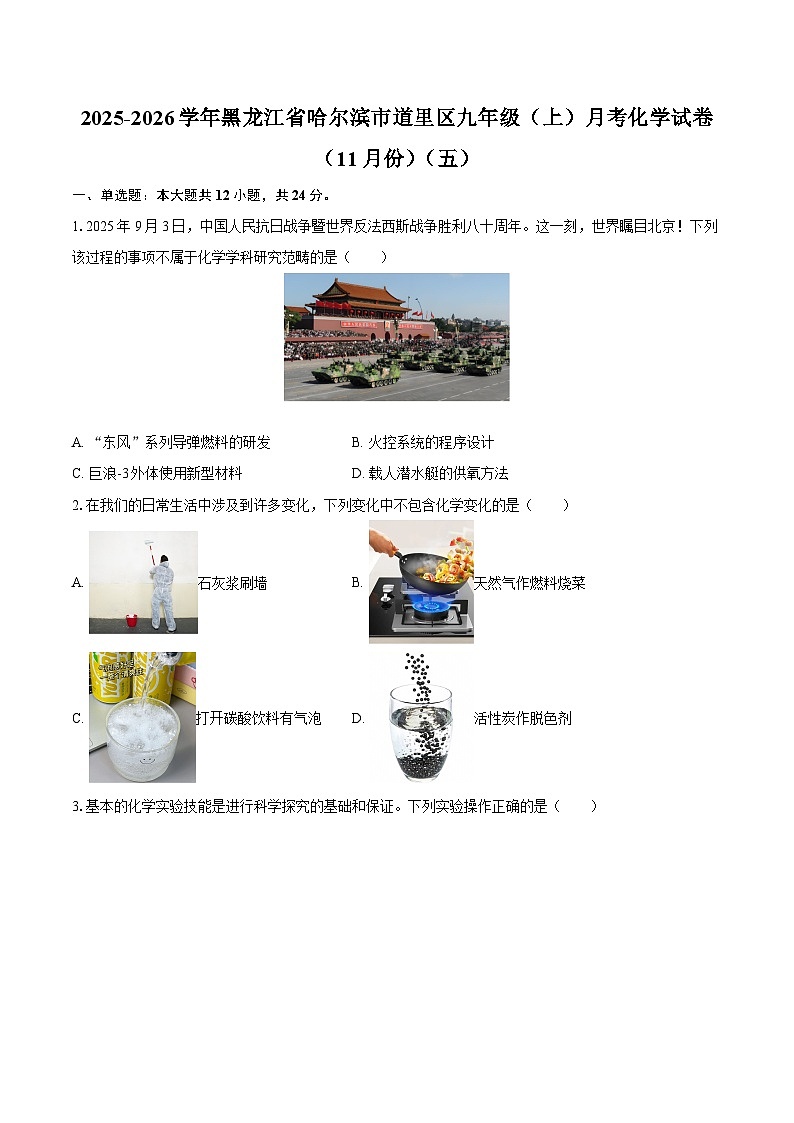 2025-2026学年黑龙江省哈尔滨市道里区九年级（上）月考化学试卷（11月份）（五）-自定义类型第1页