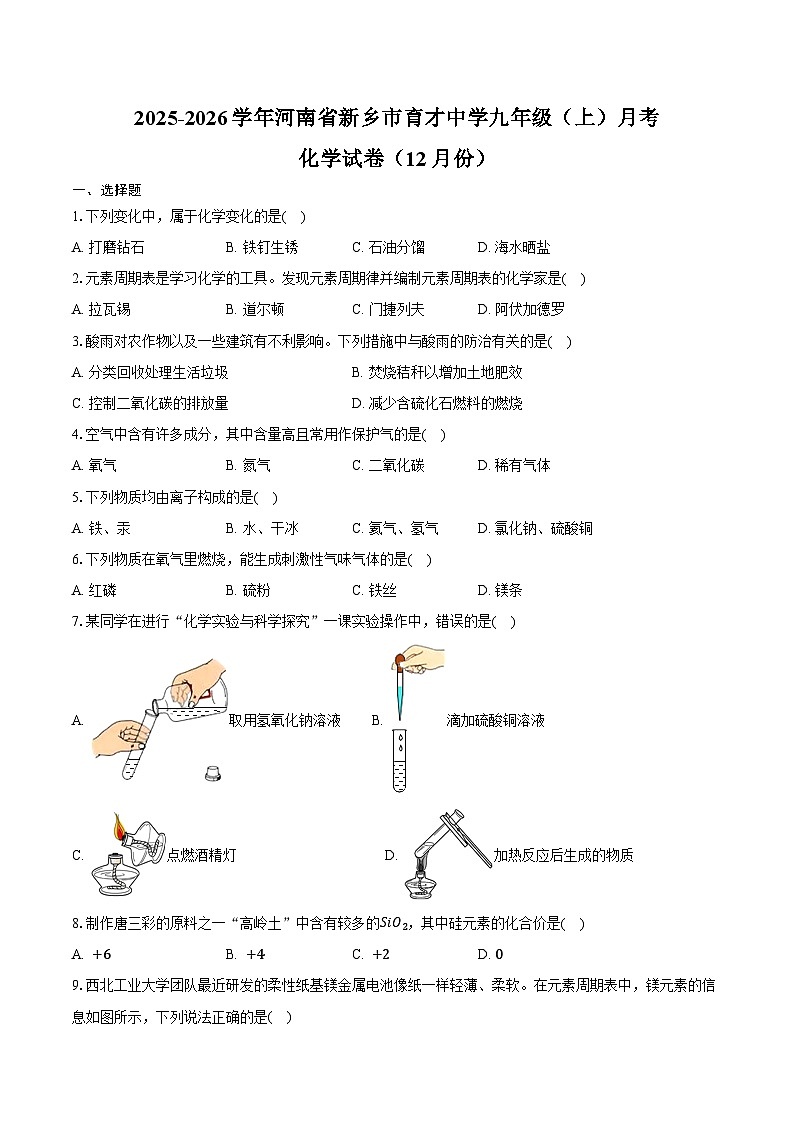 2025-2026学年河南省新乡市育才中学九年级（上）月考化学试卷（12月份）（含答案）第1页