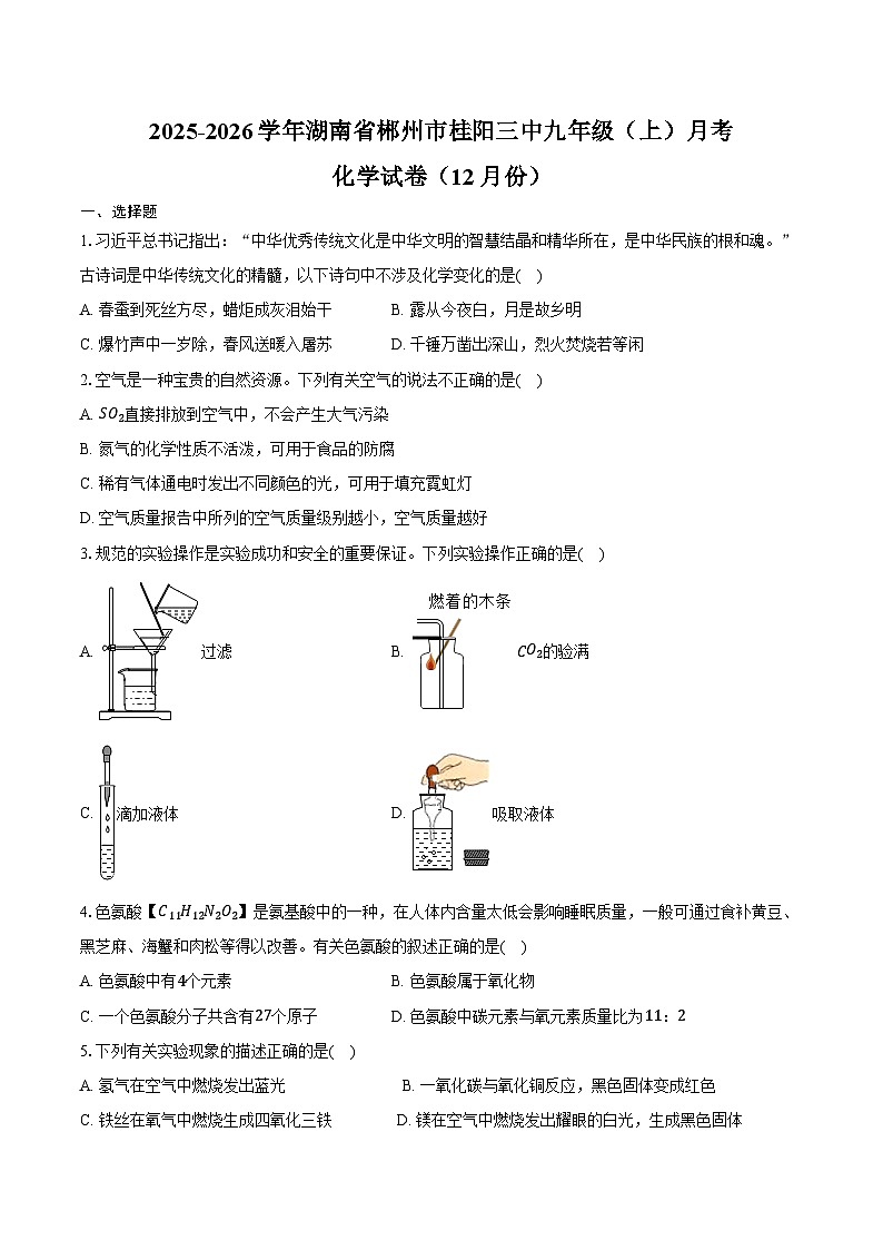 2025-2026学年湖南省郴州市桂阳三中九年级（上）月考化学试卷（12月份）（含答案）第1页