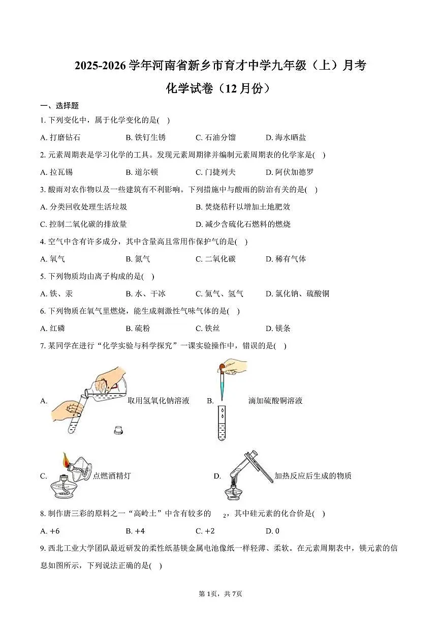 2025-2026学年河南省新乡市育才中学九年级（上）月考化学试卷（12月份）（含答案）第1页
