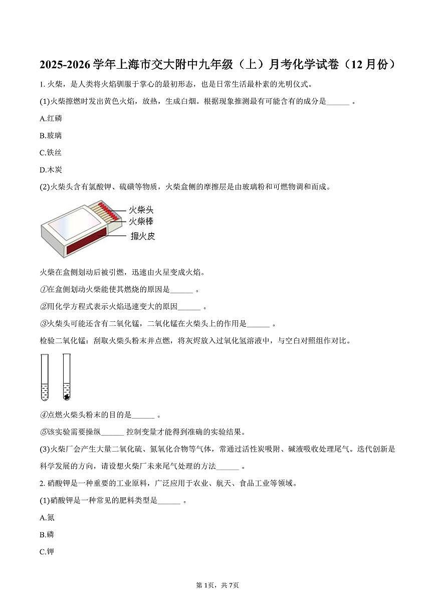 2025-2026学年上海市交大附中九年级（上）月考化学试卷（12月份）（含答案）第1页