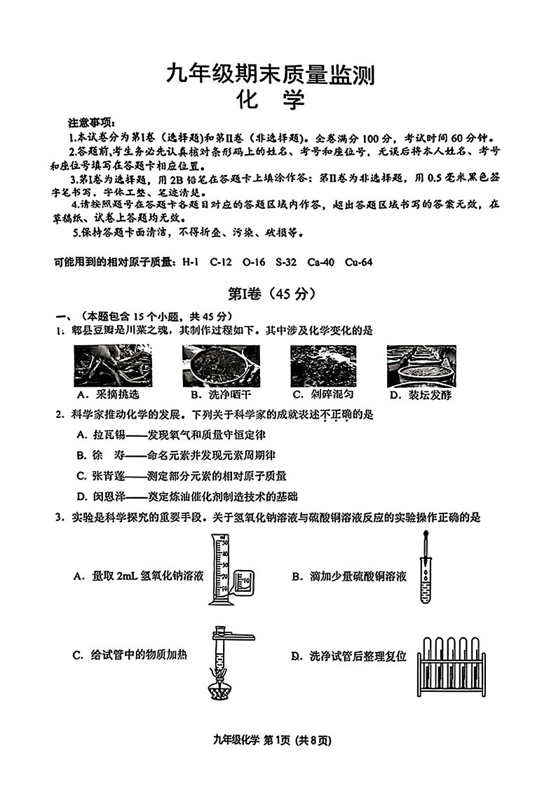 四川省成都市青羊区2024-2025学年九年级上学期期末考试化学试题第1页