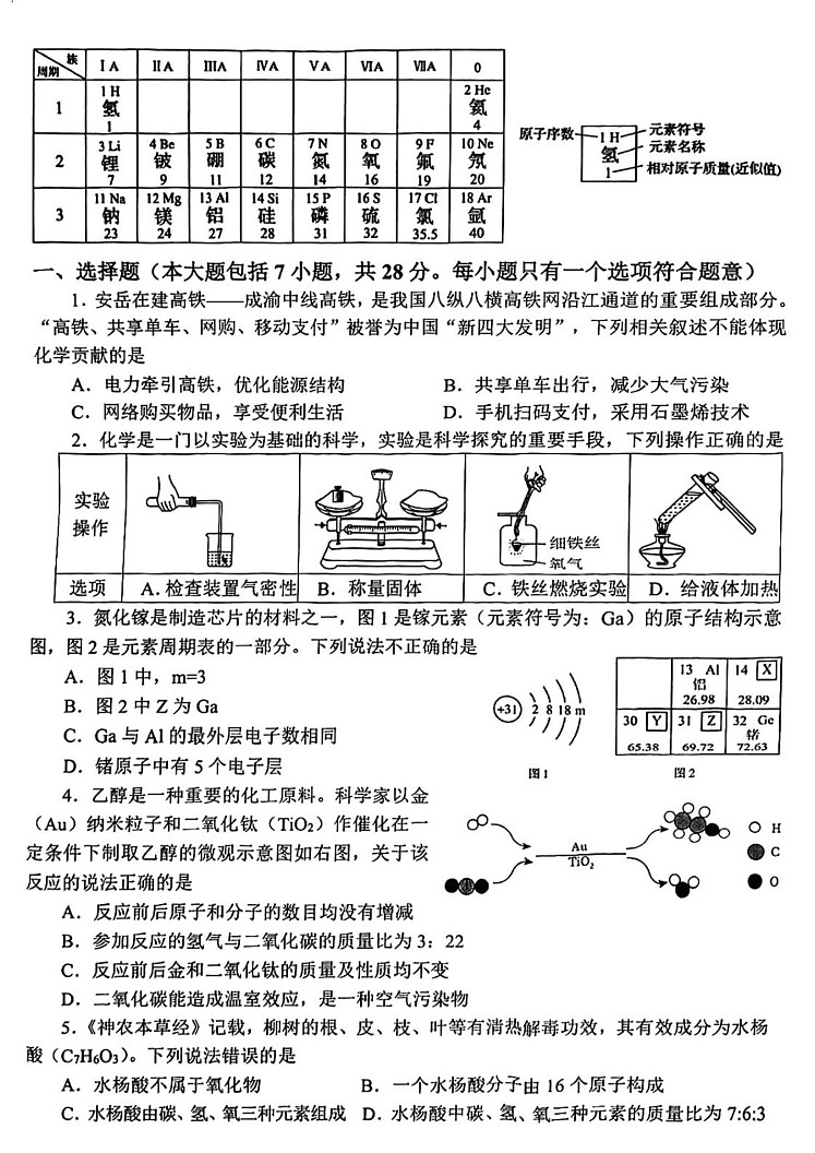 四川省资阳市安岳县中学2024-2025学年九年级上学期期末考试化学试题第1页