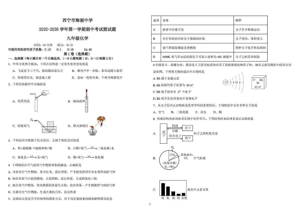 青海省西宁市海湖中学2025-2026学年九年级上学期期中考试化学试卷第1页