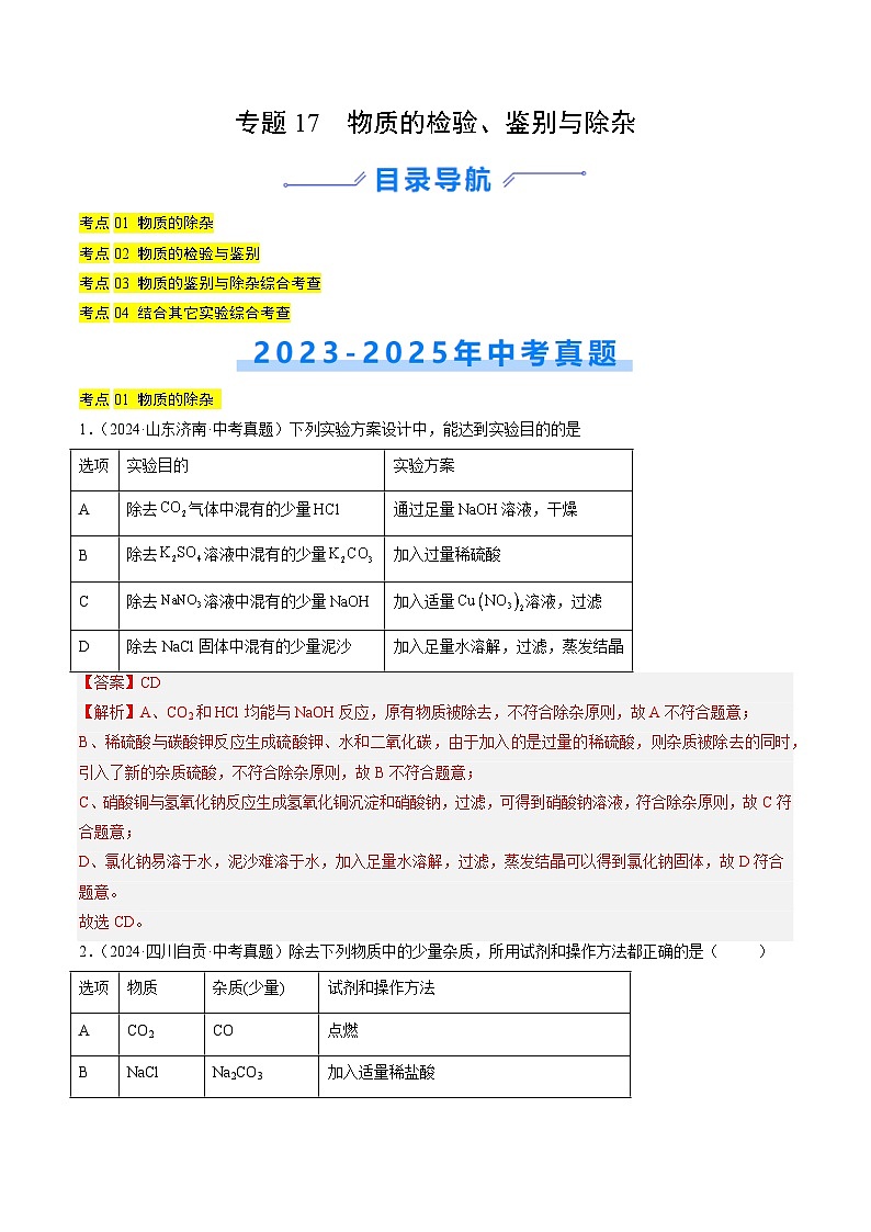 专题17 物质的检验、鉴别与除杂（解析版）第1页