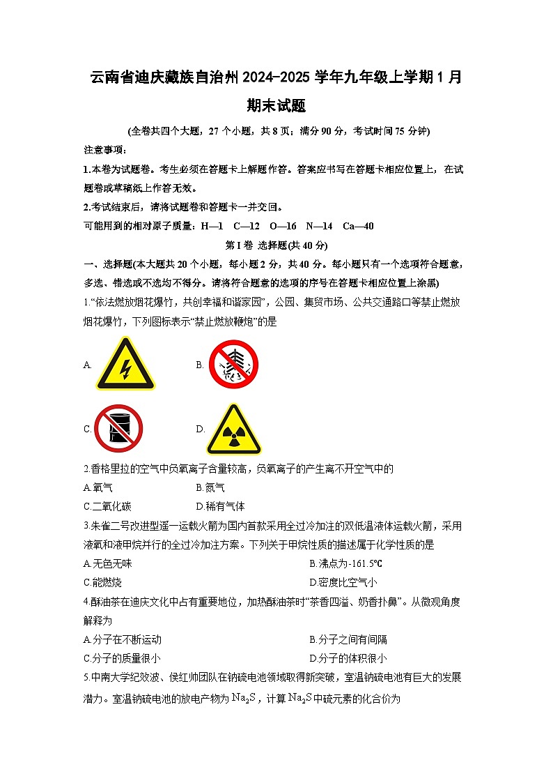 云南省迪庆藏族自治州2024-2025学年九年级上学期1月期末化学试卷（学生版）第1页