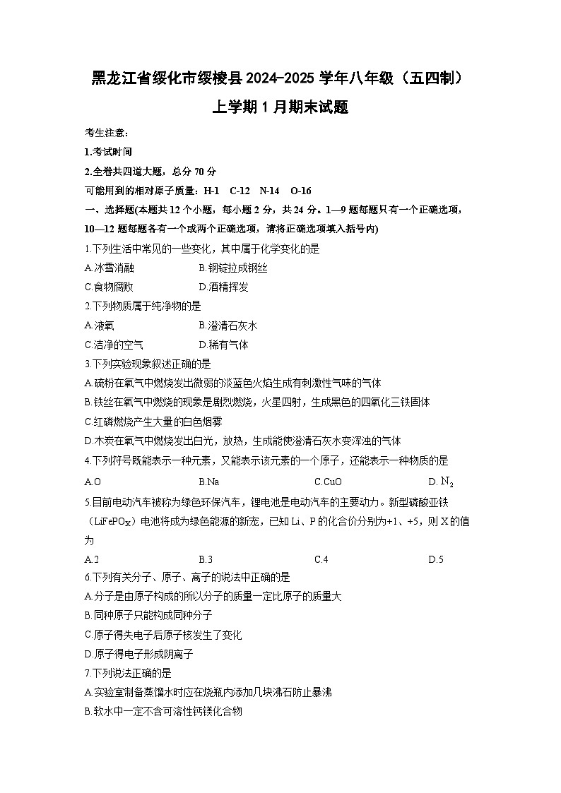 黑龙江省绥化市绥棱县2024-2025学年八年级（五四制）上学期1月期末化学试卷（学生版）第1页