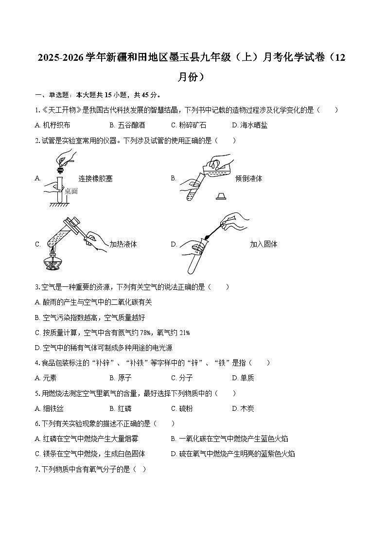 2025-2026学年新疆和田地区墨玉县九年级（上）月考化学试卷（12月份）-自定义类型第1页